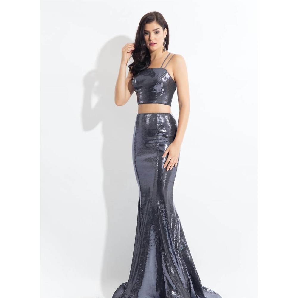 NEW RACHEL ALLAN two-piece sequin strappy evening gown in platinum